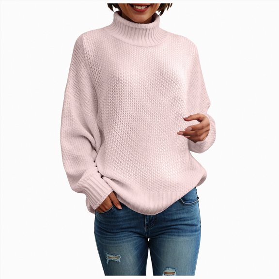 Rotm Women's Oversized Turtleneck Sweaters Fall Batwing Sleeve Ribbed Tunic Sweater Mock Neck Sweater Women Pink,S