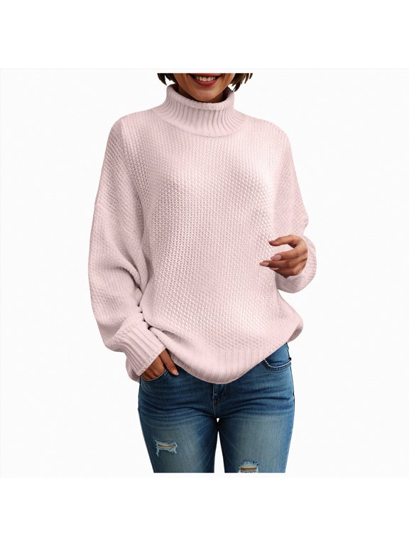 Women's Oversized Turtleneck Sweaters Fall Batwing Sleeve Ribbed Tunic Sweater Mock Neck Sweater Women Pink,S