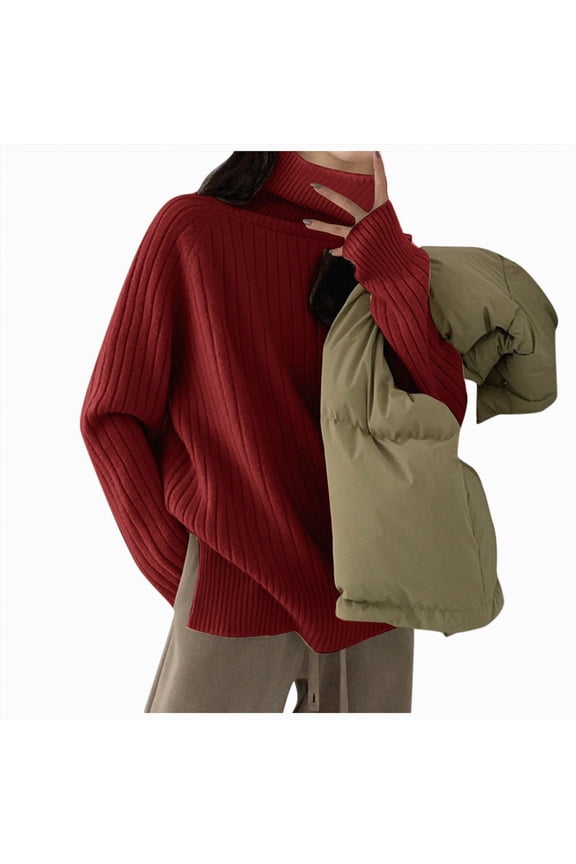 Women's Turtleneck Oversized Sweaters Long Batwing Sleeve Spilt Hem Tunic Pullover Knit Tops Mock Neck Sweater Red,One Size