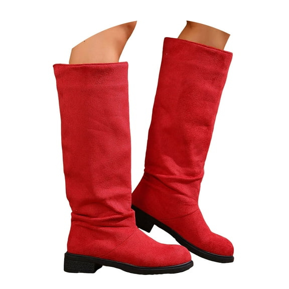 Rotm Womens Boots Womens Winter Slouchy High Heel Boots Mid Calf Suede Slip on Chunky Block Pointed Toe Boots Red,9