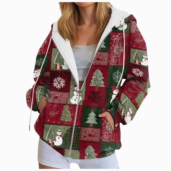 Rotm Womens Christmas Sweater Women's Novelty Print Zip Up Hoodies Long Sleeve Hooded Sweatshirt Jacket with Pocket(Grey,L)