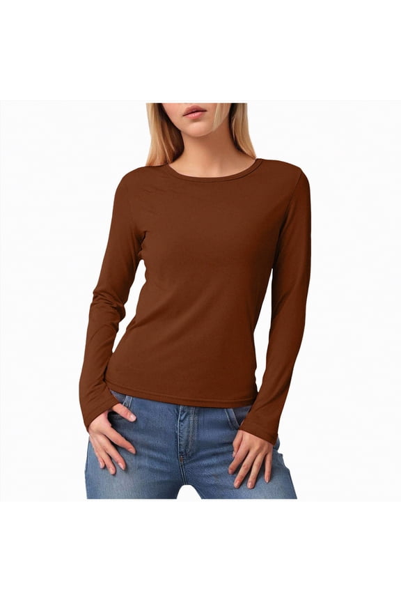 Womens Cotton Tshirts Women's Long Sleeve Thermal Shirts, Fleece Lined Crew Neck Undershirts Soft Base Layer Fitted Tee Tops Coffee,XL