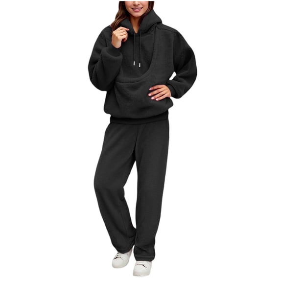 Rotm Womens Jogging Suits Women's 2 Piece Outfits Trim Print Hoodie Sweatsuit Sets Oversized Sweatshirt Wide Leg Sweatpants Black,M