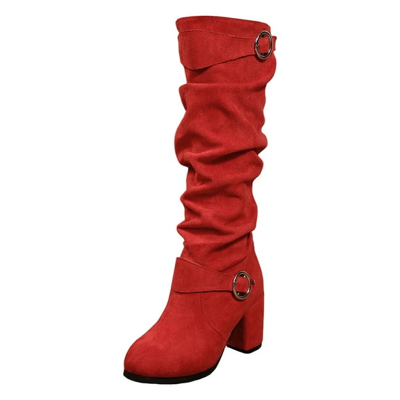 Rotm Womens Mid Calf Boots Women's Round Toe High Heel Zipper Mid-Calf Causal Dress Boots Shoes Red,7.5