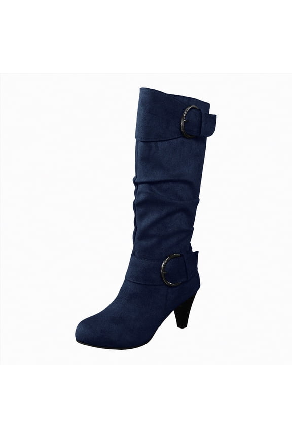 Womens Slouch Boots, Flat Heels Mid Wide Calf Zipper Ladies Fall Winter Fashion Boots Woman Boots Navy,Size 9