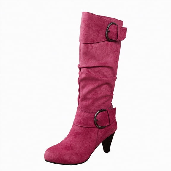 Rotm Womens Snow Boots Womens Slouch Boots, Flat Heels Mid Wide Calf Zipper Ladies Fall Winter Fashion Boots Hot Pink,Size 8.5