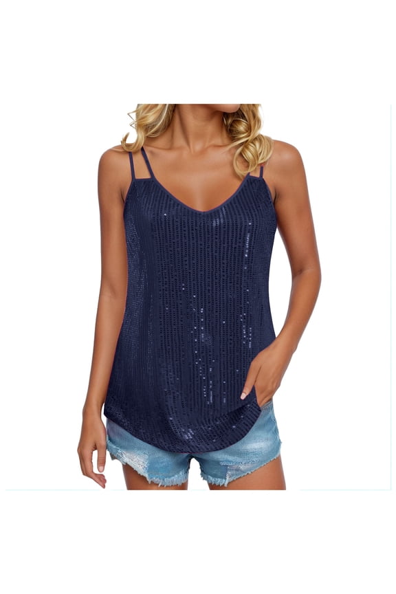 Womens Sparkly Tops Womens Summer Fashion Sequin Tops Scoop Neck Sequin Sparkle Shimmer Sleeveless Tanks Tops Blouses Navy,XL