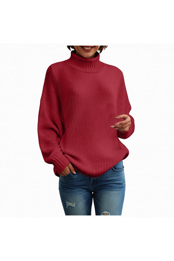 Womens Sweaters Women's Oversized Sweaters Batwing Sleeve Mock Neck Jumper Tops Chunky Knit Pullover Sweater Wine,S