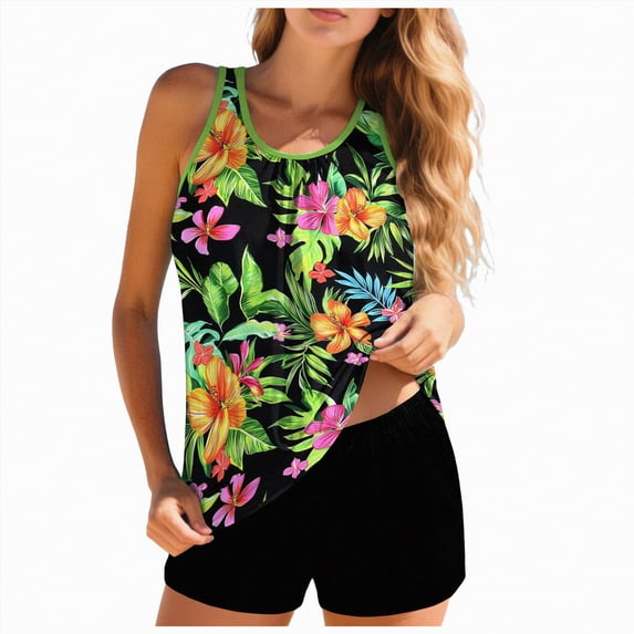 Rotm Womens Tankini Bathing Suits Two Piece Tankini Swimsuits for Women Tummy Control Bathing Suit with Shorts Athletic Two Side Pockets Swimwear Light Green,M