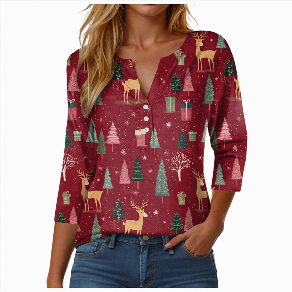 Rotm Womens Tops Dressy Casual Christmas Shirts for Women V Neck 3/4 Sleeve Tops Casual Dressy Xmas Graphic T Shirts Fall Fashion Vacation Outfits Wine,XL