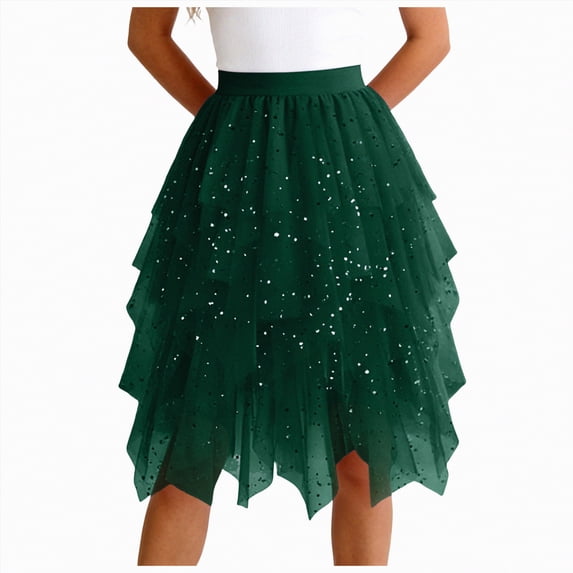Rotm Womens Tulle Skirt Tulle Skirt for Women Lace Mesh Long Tutu Skirt Trendy Elastic High Waist Pleated Skirts for Party Dark Green,L