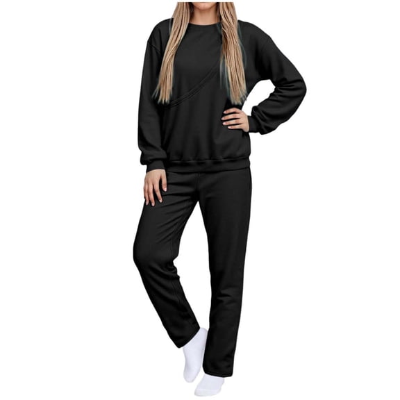 Rotm Womens Two Piece Sets Fall Women 2 Piece Outfits Casual Sweatsuit Hooded Sweatshirt Hoodie with Sweatpants Sport Outfits Jogger Set Black,XL