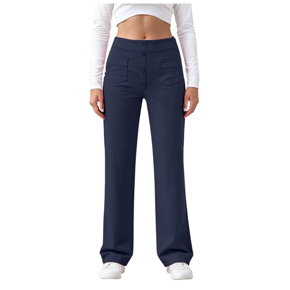 Rotm Womens Work Pants Women's Straight Leg Pants High Waisted Casual Trousers with Pockets Navy,M