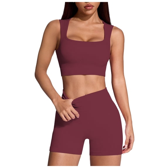 Rotm Workout Sets Women's Workout Sets 2 Piece Yoga Outfit High Waisted Biker Shorts Leggings Sports Bra Gym Fitness Clothes Tracksuit Wine,L