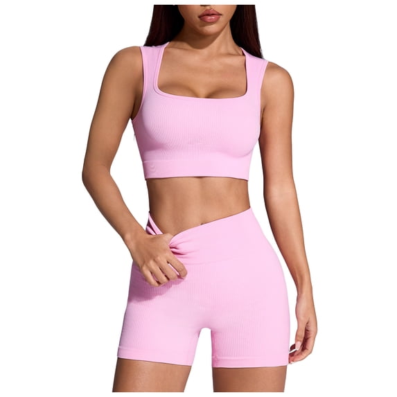 Rotm Workout Sets for Women Workout Sets for Women Seamless Ribbed High Waist Yoga shorts with Sports Bra Outfits Pink,S