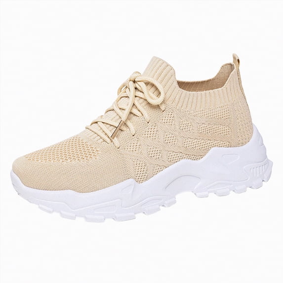Rotm Workout Shoes for Women Women's Breathable Air Cushion Jazz Dance Shoes Lace Up Mesh Sneakers Athletic Walking Dance Thick Soled Beige,8