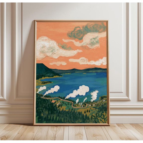 Rotorua Geothermal Lake Orange Sky Steam Clouds Art New Zealand Landscape Print, Unframed Paper Print