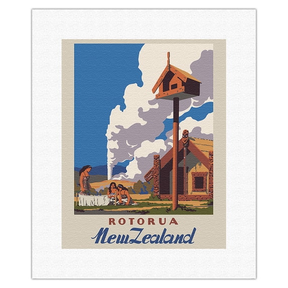 Rotorua New Zealand - Hell’s Gate (Tikitere) Geyser - Maori Native Women - Vintage Travel Poster c.1951 - Fine Art Rolled Canvas Print 11in x 14in