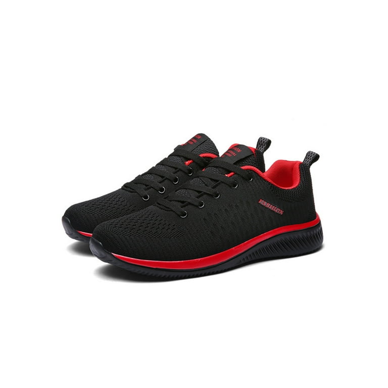 Red and black sports shoes on sale