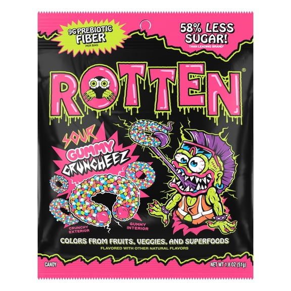 Rotten Sour Gummy Cruncheez, Low Sugar & Dye-Free, Gluten Free Candy, 1.8 oz