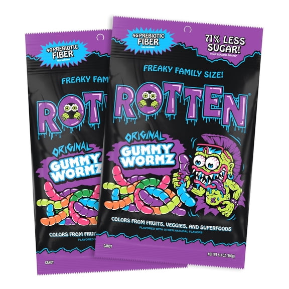 Rotten Original Gummy Worms - Low Sugar, Low Calorie, 7g Gut-Friendly Prebiotic Fiber and 3g Protein, Gluten Free Candy - 5.3 oz Share Pack [2 Pack]