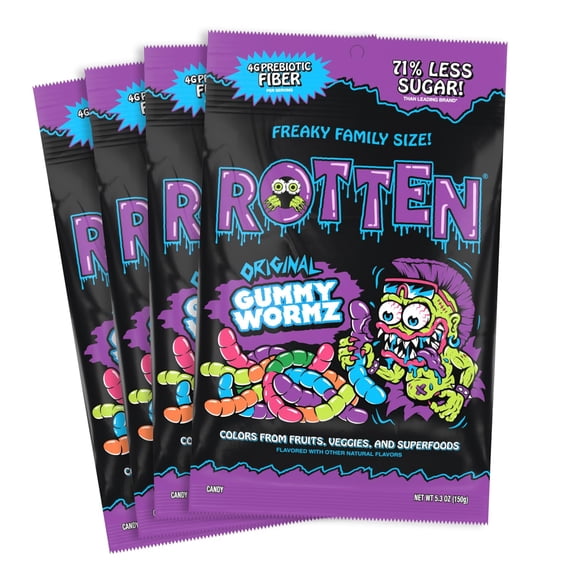 Rotten Original Gummy Worms - Low Sugar, Low Calorie, 7g Gut-Friendly Prebiotic Fiber and 3g Protein, Gluten Free Candy - 5.3 oz Share Pack [4 Pack]