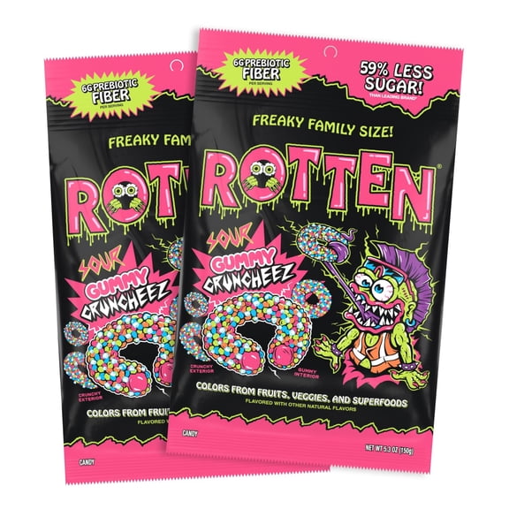 Rotten Sour Gummy Cruncheez - Low Sugar, Low Calorie, 5g Gut-Friendly Prebiotic Fiber, Gluten Free Candy, No Artificial Dyes - 5.3 oz Share Pack [2 Pack]