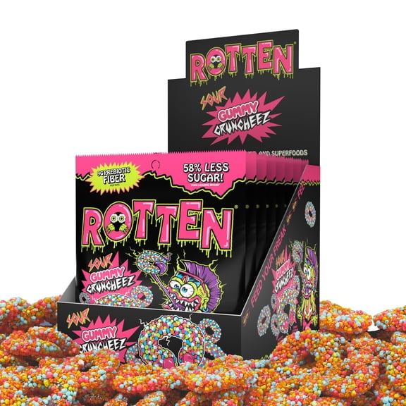 Rotten Sour Gummy Cruncheez - Low Sugar, Low Calorie, 7g Gut-Friendly Prebiotic Fiber and 3g Protein, Gluten Free Candy - 1.8 oz - 8-Pack