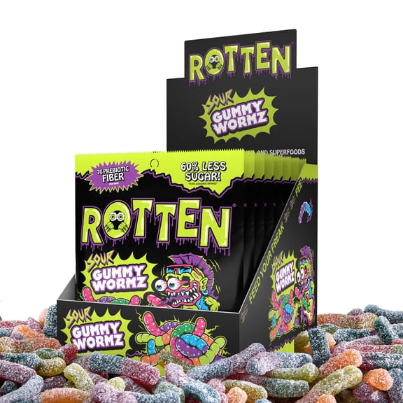 Rotten Sour Gummy Worms - Low Sugar, Low Calorie, 7g Gut-Friendly Prebiotic Fiber and 3g Protein, Gluten Free Candy - 1.8 oz - 8-Pack