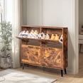 thumbnail image 1 of Rotten Wood Shoe Cabinet with Barn Door Design, 4 Flip-Down Compartments & Solid Wood Legs, Space-Saving Storage Organizer for Entryway, Hallway, 1 of 10