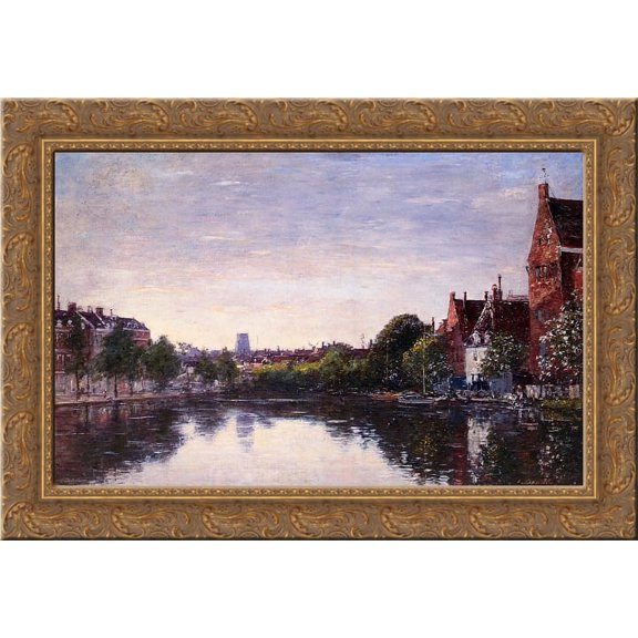 Rotterdam. A Corner of the Basin 24x18 Gold Ornate Wood Framed Canvas Art by Eugene Boudin