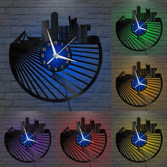 Rotterdam City View 12 Inch Vinyl Record Wall Clock - Silent, Creative, and Unique Clock for Living Room, Entryway, or Bedroom Decor - Perfect Gift Idea(12 inchs B with LED)