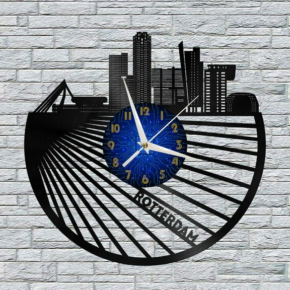 Rotterdam City View 12 Inch Vinyl Record Wall Clock - Silent, Creative, and Unique Clock for Living Room, Entryway, or Bedroom Decor - Perfect Gift Idea(12 inchs B without LED)