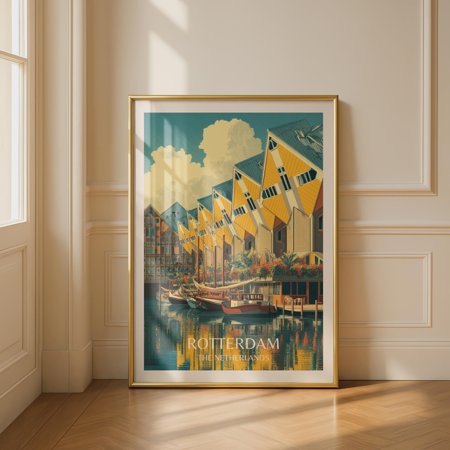 Rotterdam Cube Houses Print Netherlands Travel Dutch Architecture Wall Art Vintage Style City Print Teal Yellow Home Decor