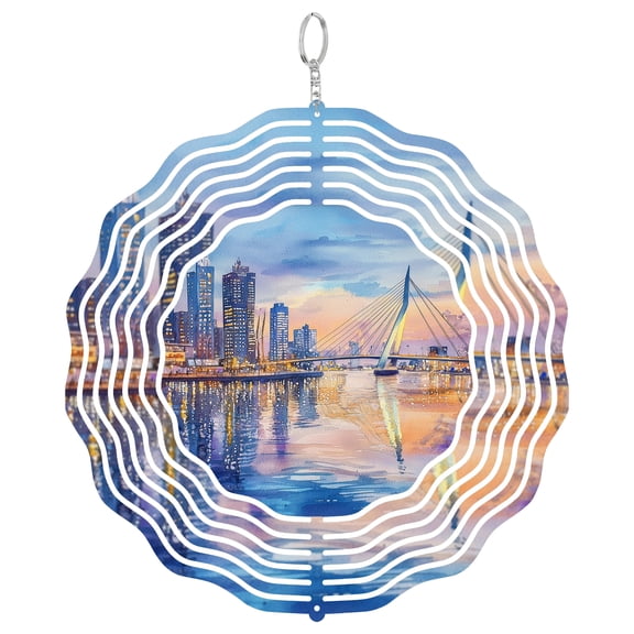 Rotterdam Netherlands Skyline 3D Wind Spinner Stainless Steel Kinetic Art Garden Decor Modern City Architecture Gift