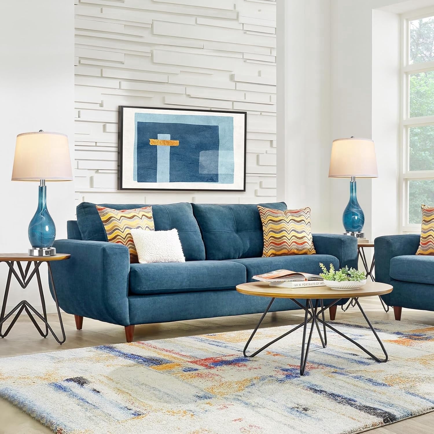 Rottogoon 25" Blue Glass Table Lamp with White Fabric Shade (2 Count)