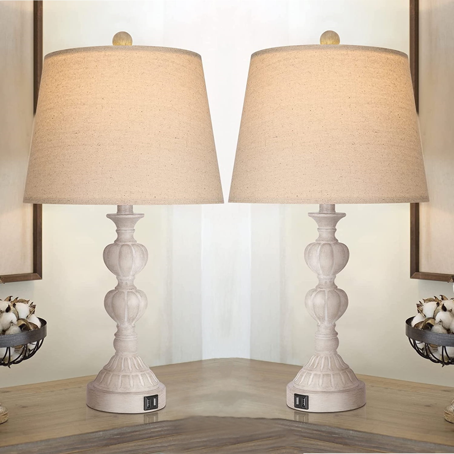 Rottogoon Touch Coastal Farmhouse Table Lamps Set of 2 Dimmable Resin with USB Ports Washed