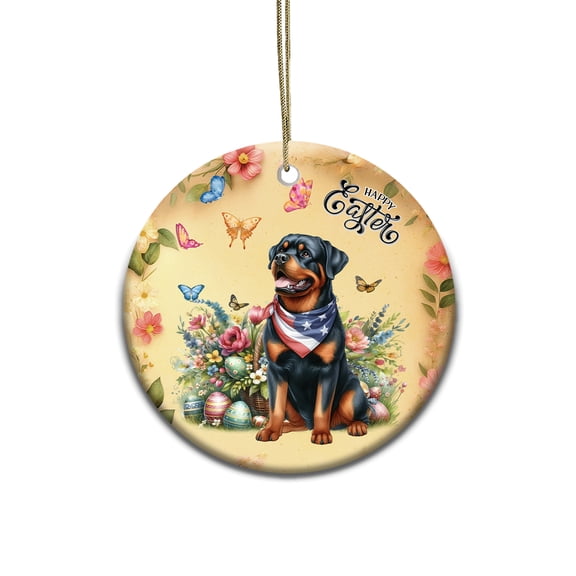 Rottweiler Celebrates Spring and Enjoys a Happy Easter Ceramic Round Ornament Rottie Dog Lover Gifts Idea Home Tree Decor - 02001