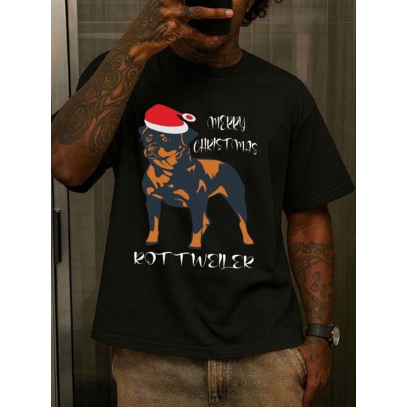 Rottweiler Christmas Christmas t-shirts t-shirt men's 180G 100% Cotton black Hip-hop street style Comfortable loose and fashionable T-shirt, spring and summer men's clothing Christmas elegant Christ