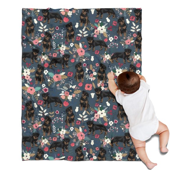 Rottweiler Dog and Flower Floral Blanket,Comfortable Soft Flannel Throw Blanket,All Season,Warm Lightweight Blankets for Sofa Bed Couch Living Room Chair,30"x40"