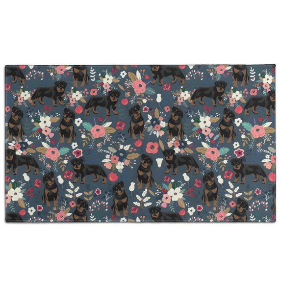 Rottweiler Dog and Flower Floral Door Rugs,Washable Non Slip Door Mats Indoor,Decorative Door Mats,Entry Mat Indoor for Entrance,Bedroom,Kitchen,Bathroom,17"x30"