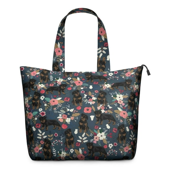 Rottweiler Dog and Flower Floral Travel Tote Bags for Women Carry On,Large Weekender Bags for Women Travel,Multi Functional Duffle Bag for Work,Shopping,Sports