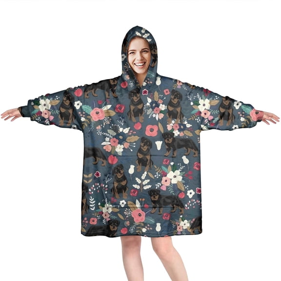 Rottweiler Dog and Flower Floral Wearable Oversized Blanket,Wearable Blanket Hoodie for Adults,Cozy Hooded Blankets with Super Pockets,Super Warm Fuzzy Pullover for Women & Men