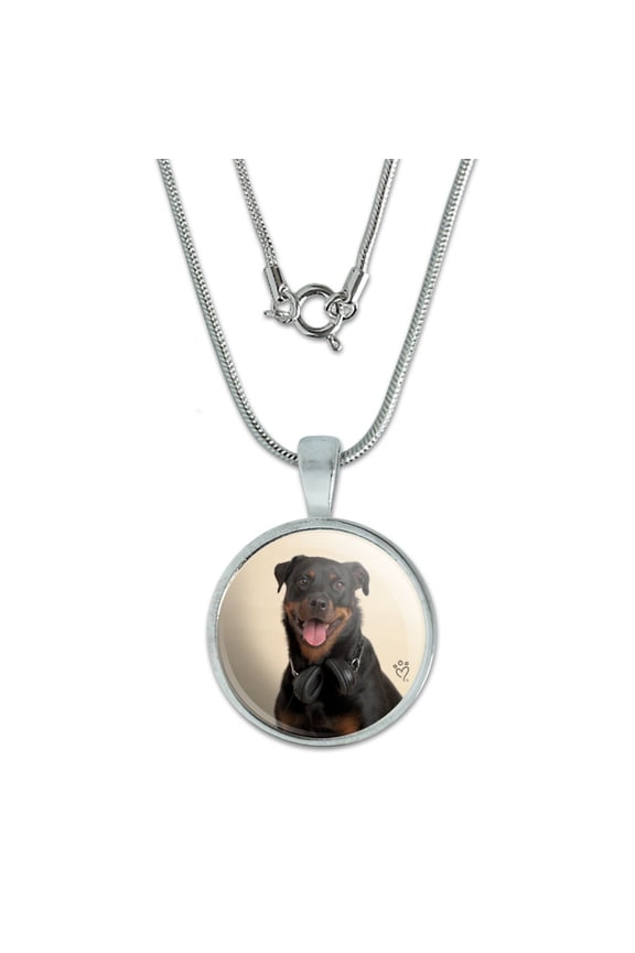 Rottweiler Dog Headphones Sitting DJ 0.75" Pendant with Sterling Silver Plated Chain