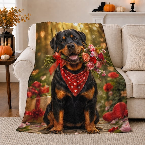 Rottweiler Dog Heart Bandana Roses Photo Style Dog, Cozy Pet Portrait Pattern, Warm Flannel Blanket for Living Room and Bedroom, Dog Lovers Valentine's Day Gift, Pet Lover Home Decor