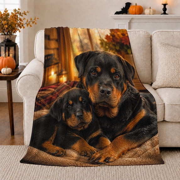 Rottweiler Dog Mom Puppy Autumnal Scene Candlelight, Playful Pet Portrait Pattern, Warm Flannel Blanket for Living Room and Bedroom, Dog Moms Father's Day Gift, Pet Lover Home Decor