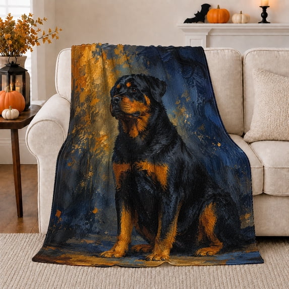Rottweiler Dog Portrait With Navy Gold Abstract Background Dignified Painterly Art Flannel Blanket For Dog Fans, Soft Cozy Home Decor For Bedroom Living Room Birthday Gift