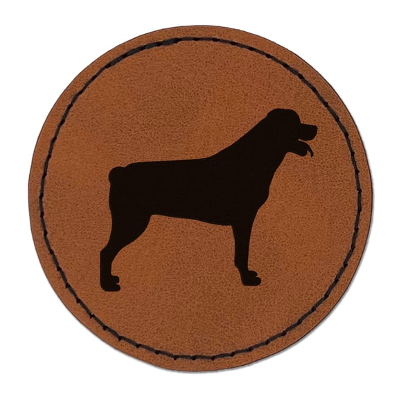 Rottweiler Dog Solid 2.5" Faux Leather Round Engraved Iron-On Patch - Brown