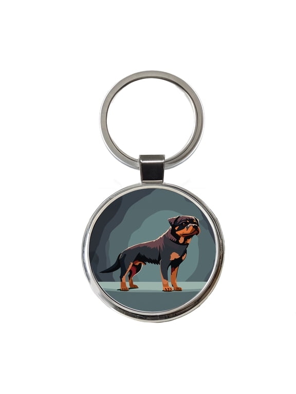 Rottweiler Dog Standing Metal Round Keychain