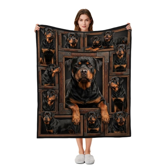 Rottweiler Dog Throw Blanket Framed Picture Collage Art Soft Fleece Warm Plush Bedspread for Couch Sofa Home Decoration Gift for Rottweiler Lovers Mom Dad - 60"x50"